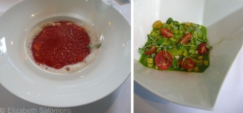 Tomato gazpacho and charred-corn ravioli