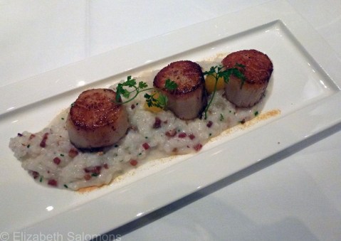 Orange Caramelized Scallops with Double-Smoked Bacon Risotto 